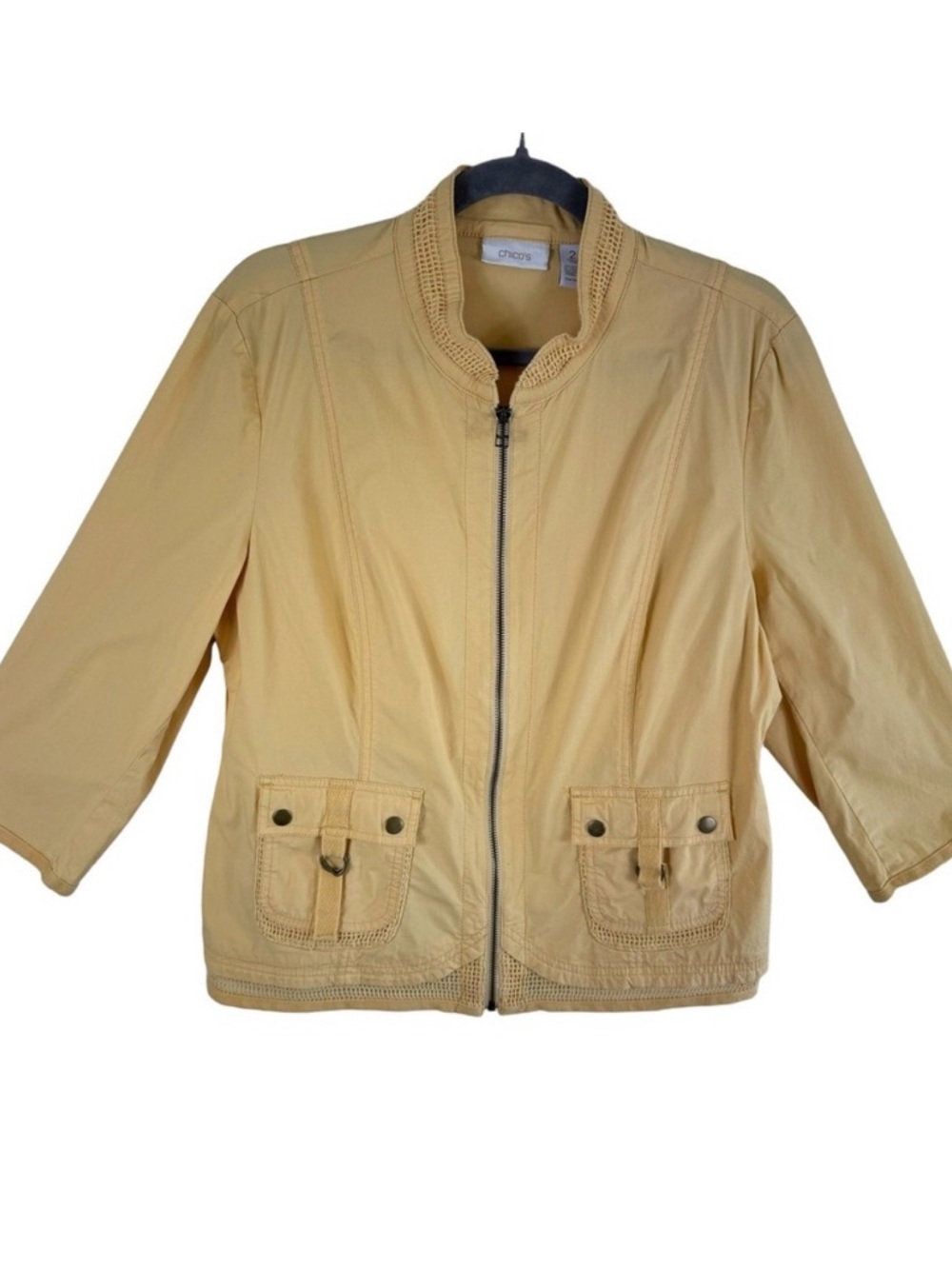 Chico's Pastel Yellow‎ Full Zip Lightweight Mock Neck 3/4 Sleeve Cotton Jacket L